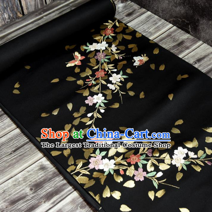 Traditional Japanese Kimono Pure Silk Fabric Asian Japan Classical Sakura Butterfly Pattern Wafuku Black Brocade Tapestry