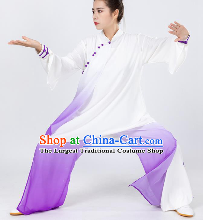 China Traditional Kung Fu Wushu Clothing Woman Tai Chi Competition Purple Chiffon Uniforms