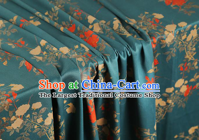 Asian China Traditional Cheongsam Gambiered Guangdong Gauze Cloth Classical Printing Flowers Pattern Lake Blue Silk Fabric