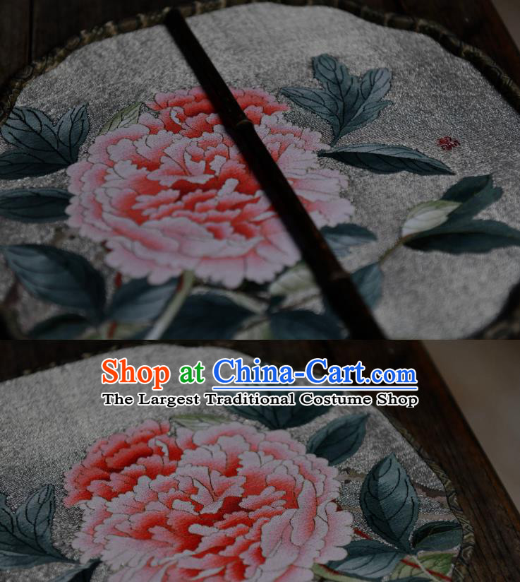China Traditional White Silk Fan Classical Dace Fan Handmade Peony Painting Palace Fan