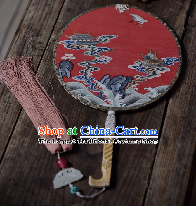 China Red Silk Circular Fan Traditional Qing Dynasty Court Fan Handmade Palace Fan