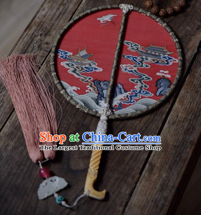China Red Silk Circular Fan Traditional Qing Dynasty Court Fan Handmade Palace Fan