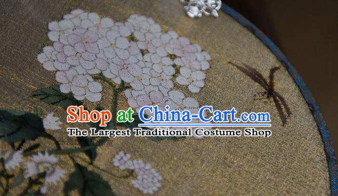 China Handmade Hydrangea Painting Palace Fan Beige Silk Circular Fan Traditional Qing Dynasty Court Fan
