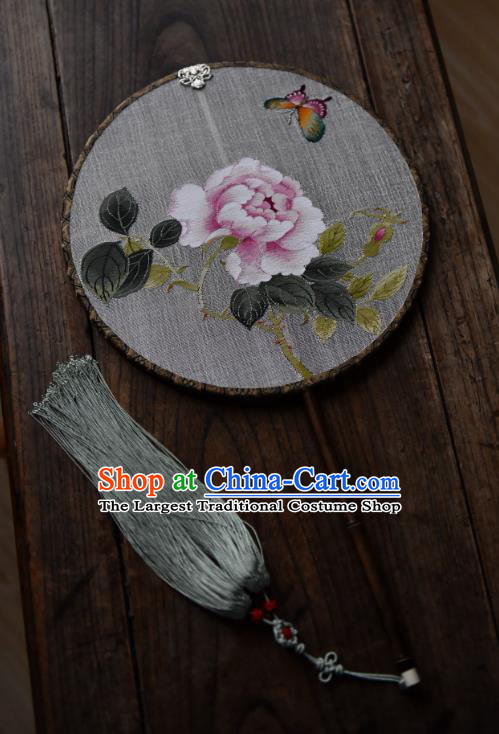 China Silk Fan Handmade Peony Pattern Palace Fan Traditional Ming Dynasty Princess Circular Fan