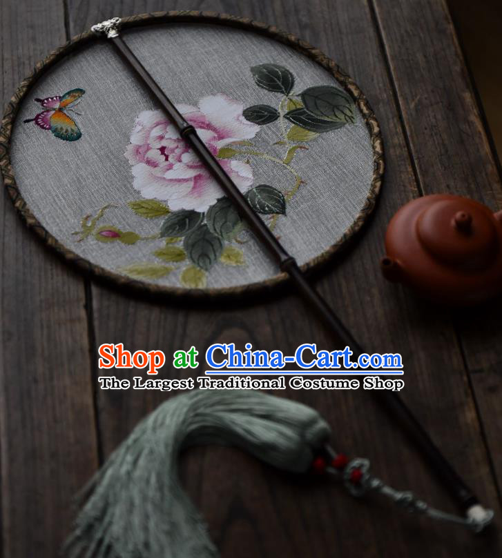 China Silk Fan Handmade Peony Pattern Palace Fan Traditional Ming Dynasty Princess Circular Fan