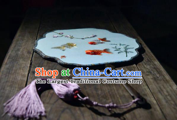 China Handmade Embroidered Goldfish Palace Fan Traditional Blue Silk Fan Ancient Song Dynasty Court Fan