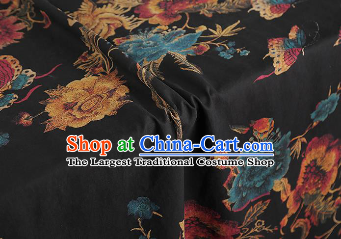 China Classical Qipao Dress Gambiered Guangdong Gauze Traditional Peony Pattern Black Silk Fabric