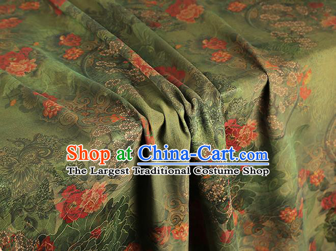 China Classical Cheongsam Gambiered Guangdong Gauze Drapery Traditional Peony Pattern Green Silk Fabric