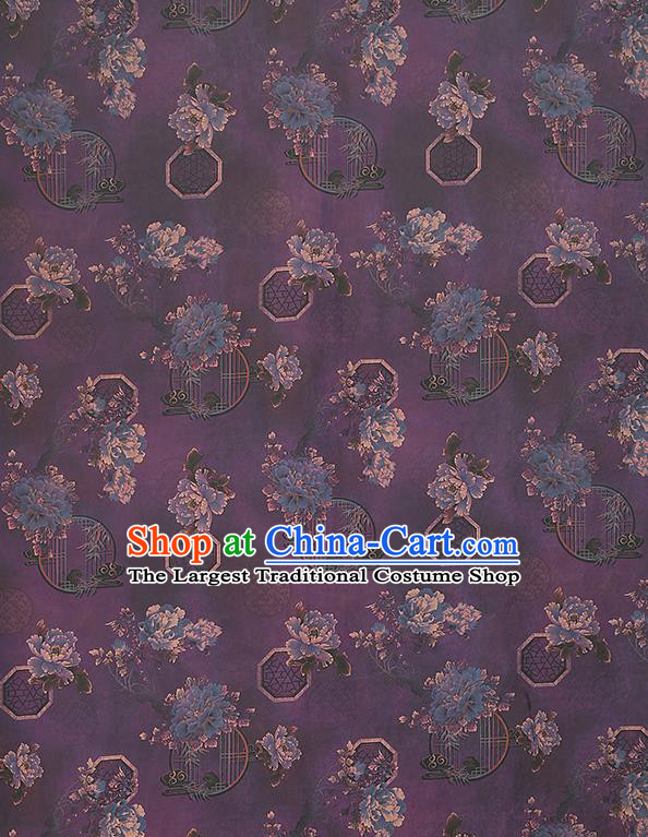 China Traditional Peony Pattern Deep Purple Silk Fabric Classical Cheongsam Gambiered Guangdong Gauze Drapery