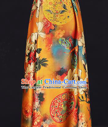 China Classical Cheongsam Orange Silk Fabric Gambiered Guangdong Gauze Traditional Mangnolia Pattern Brocade