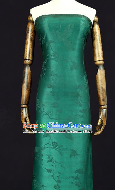 China Traditional Cheongsam Jacquard Gambiered Guangdong Gauze Classical Magpie Plum Pattern Green Silk Fabric