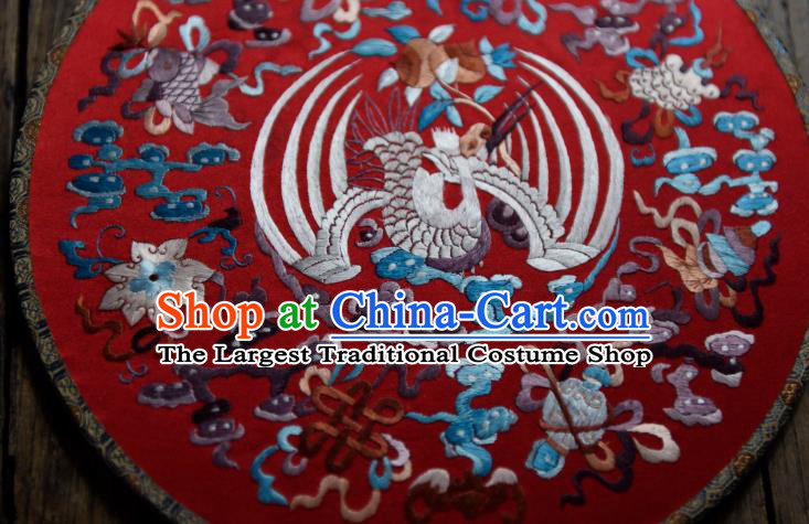 China Handmade Embroidered Crane Palace Fan Ancient Ming Dynasty Circular Fan Traditional Wedding Red Silk Fan