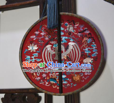 China Handmade Embroidered Crane Palace Fan Ancient Ming Dynasty Circular Fan Traditional Wedding Red Silk Fan
