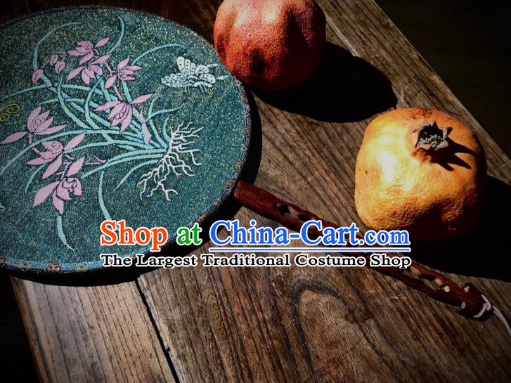 China Traditional Green Silk Fan Ancient Song Dynasty Court Circular Fan Handmade Orchids Pattern Palace Fan