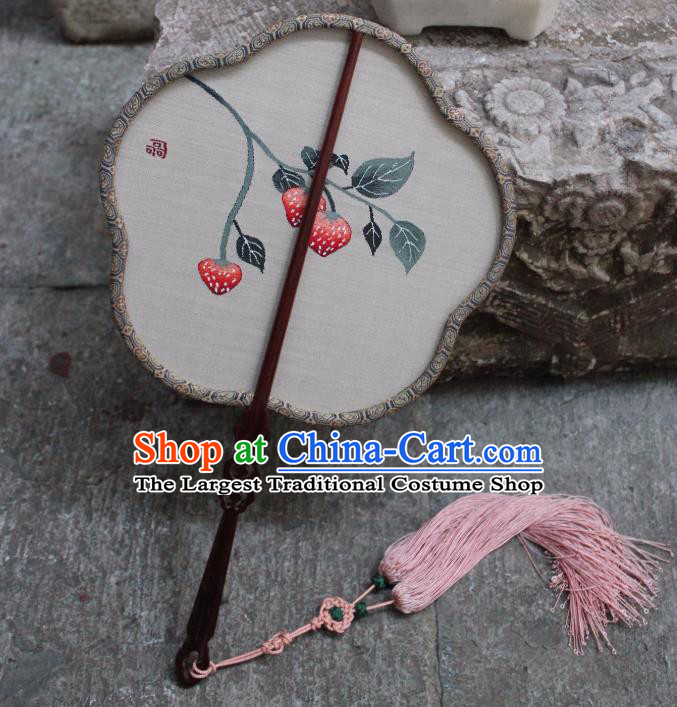 China Ancient Song Dynasty Plum Fan Traditional Grey Silk Fan Handmade Strawberry Pattern Palace Fan