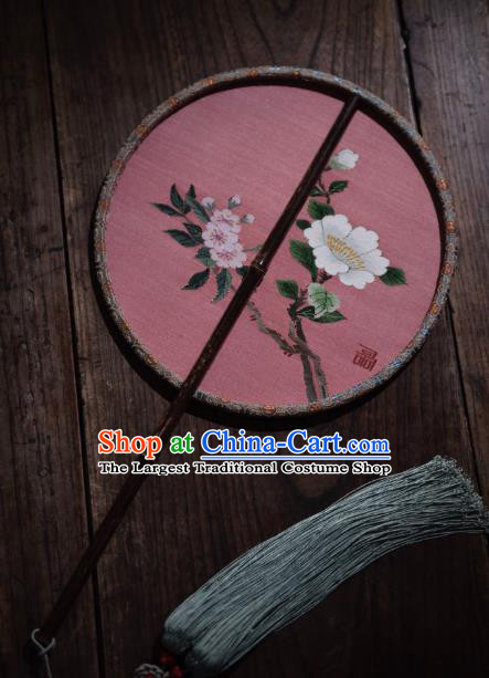 China Ancient Ming Dynasty Circular Fan Traditional Pink Silk Fan Handmade Flowers Pattern Palace Fan