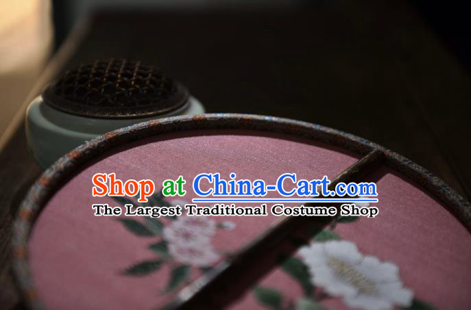 China Ancient Ming Dynasty Circular Fan Traditional Pink Silk Fan Handmade Flowers Pattern Palace Fan