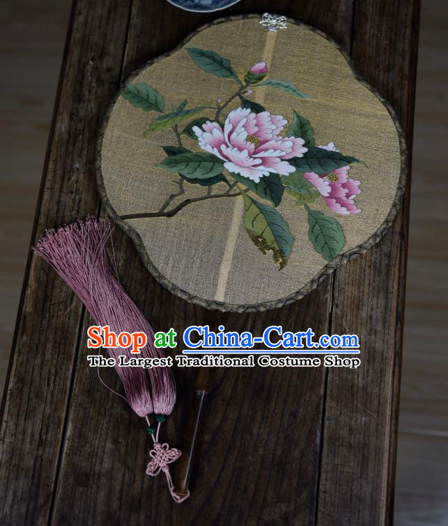 China Handmade Camellia Pattern Palace Fan Ancient Song Dynasty Princess Court Fan Traditional Light Yellow Silk Fan