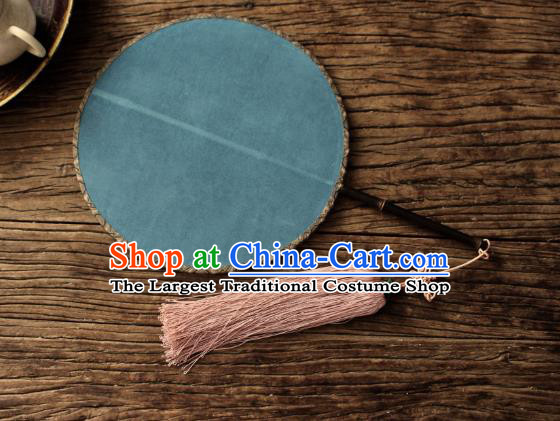 China Ancient Song Dynasty Princess Court Circular Fan Traditional Blue Silk Fan Handmade Lucky Pattern Palace Fan