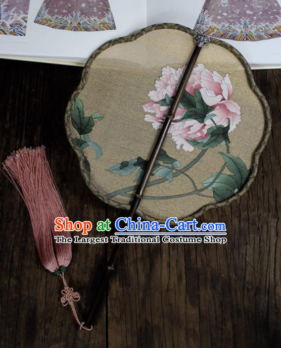 China Ancient Princess Court Fan Traditional Light Yellow Silk Fan Handmade Peony Pattern Palace Fan