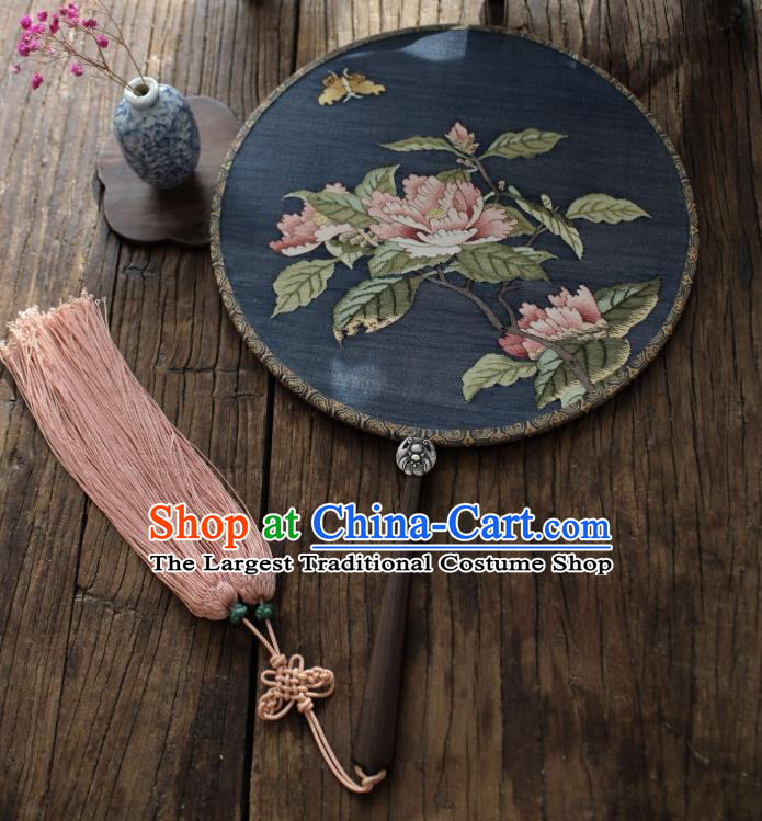 China Handmade Camellia Pattern Palace Fan Ancient Song Dynasty Princess Circular Fan Traditional Navy Silk Fan