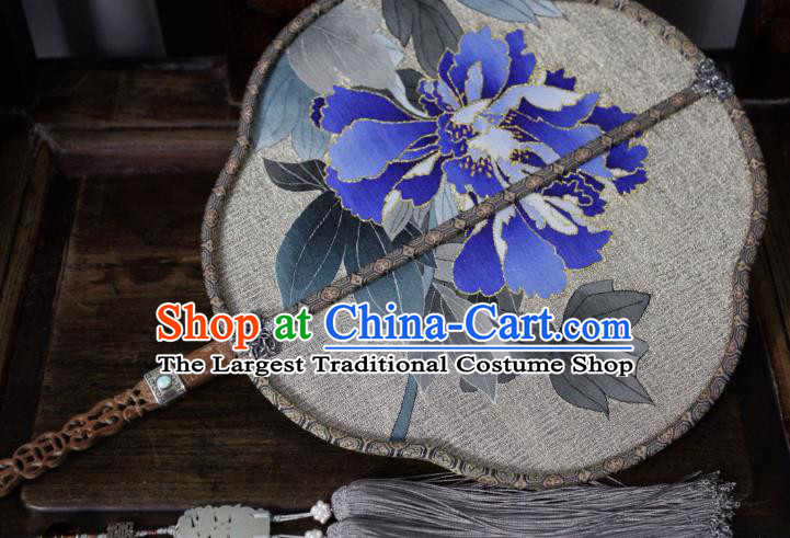China Handmade Blue Peony Pattern Silk Fan Ancient Song Dynasty Princess Palace Fan Traditional Dance Fan
