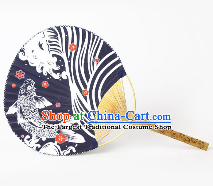 Asian Japan Printing Carp Navy Paper Fan Classical Dance Fan Handmade Ceremony Bamboo Fans