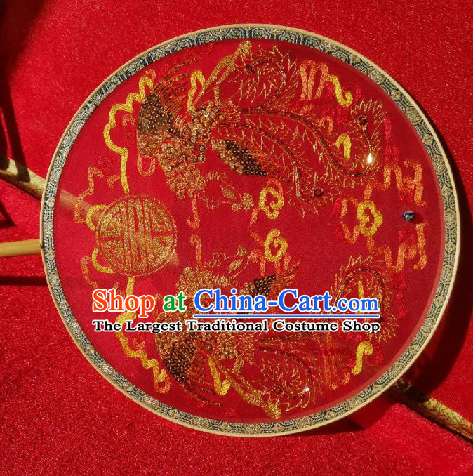 China Traditional Wedding Red Silk Fan Handmade Palace Fan Bride Embroidered Sequins Phoenix Circular Fan