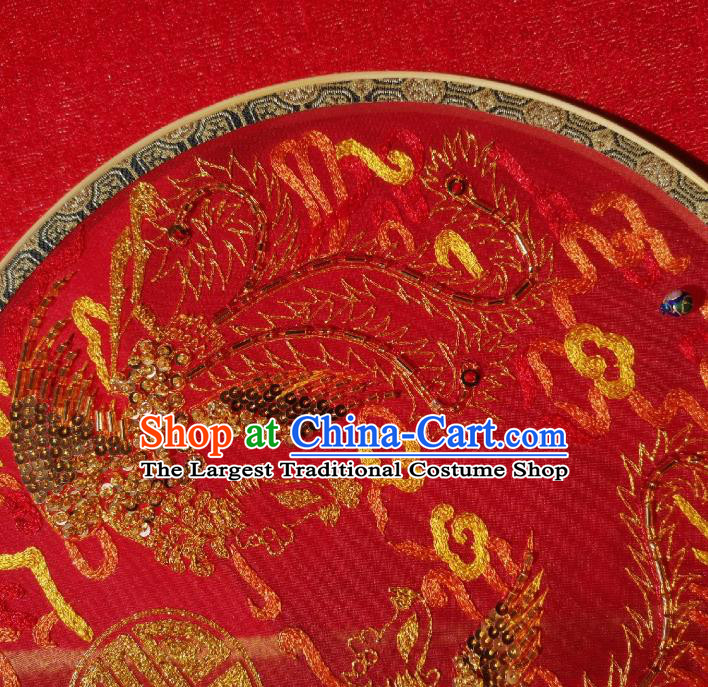China Traditional Wedding Red Silk Fan Handmade Palace Fan Bride Embroidered Sequins Phoenix Circular Fan