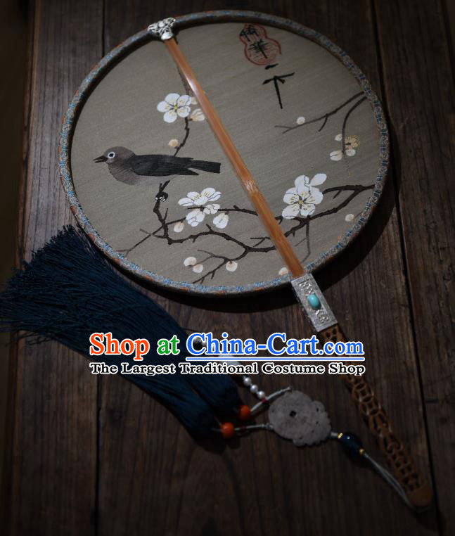 China Traditional Plum Blossom Pattern Silk Fan Handmade Palace Fan Ancient Song Dynasty Court Circular Fan