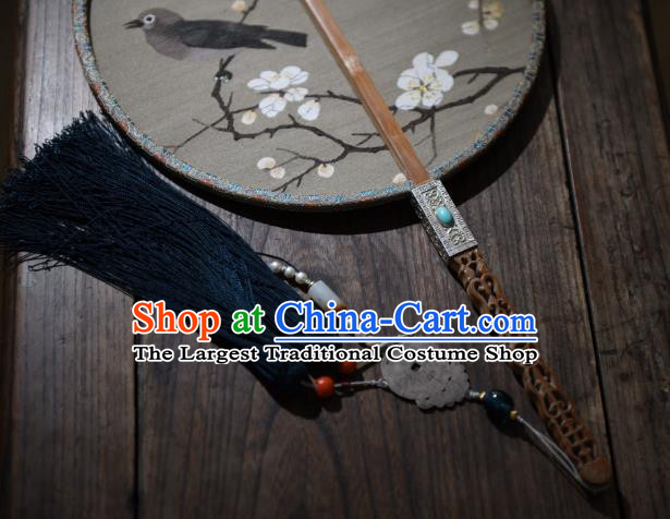 China Traditional Plum Blossom Pattern Silk Fan Handmade Palace Fan Ancient Song Dynasty Court Circular Fan