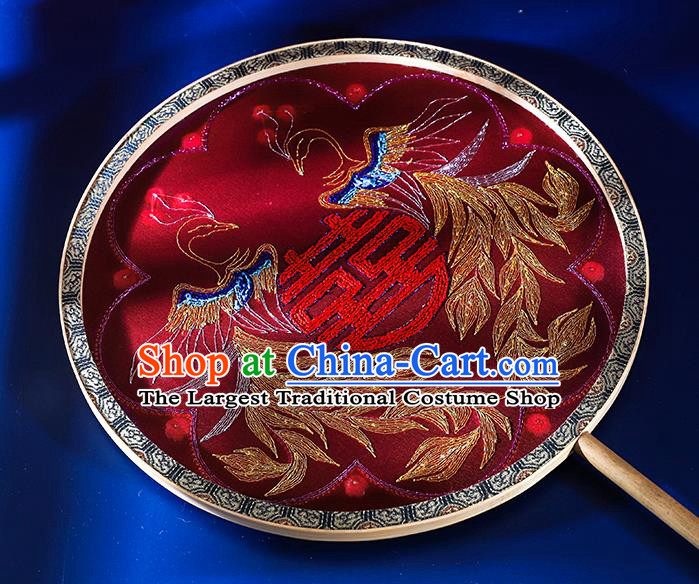 China Embroidered Sequins Phoenix Fan Handmade Bride Palace Fan Traditional Xiuhe Suit Red Silk Circular Fan