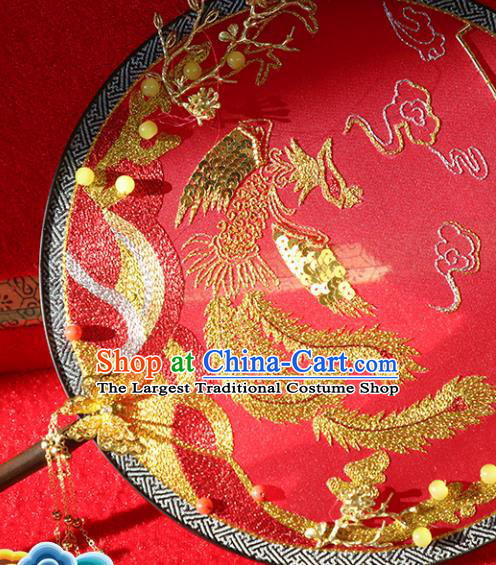 China Embroidered Golden Phoenix Fan Traditional Wedding Red Silk Circular Fan Handmade Bride Xiuhe Suit Palace Fan