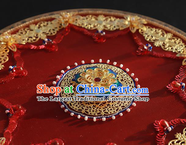 China Wedding Fan Handmade Bride Palace Fan Traditional Xiuhe Suit Red Silk Circular Fan