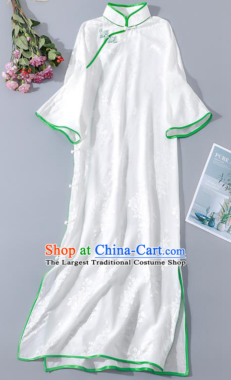 Asian Chinese National Young Lady Clothing Traditional Qipao Dress Classical White Silk Cheongsam