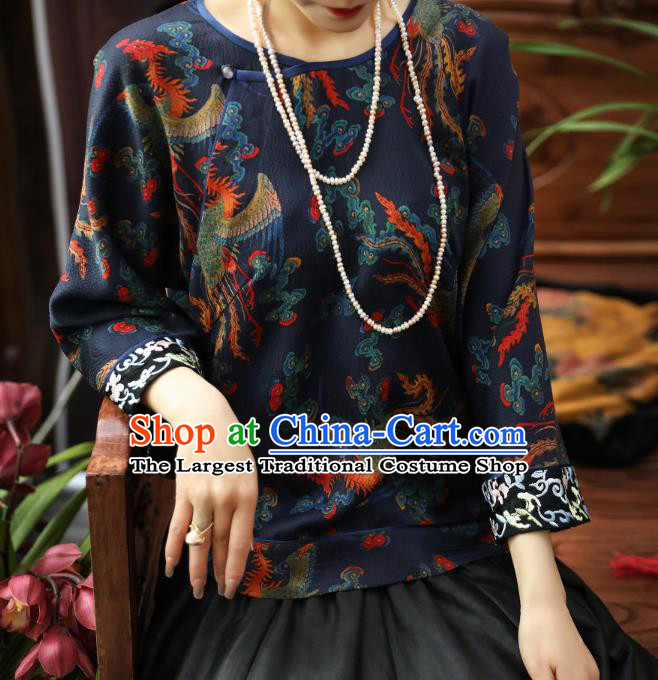 China Classical Phoenix Pattern Navy Gambiered Guangdong Gauze Upper Outer Garment Traditional Women Tang Suit Silk Shirt