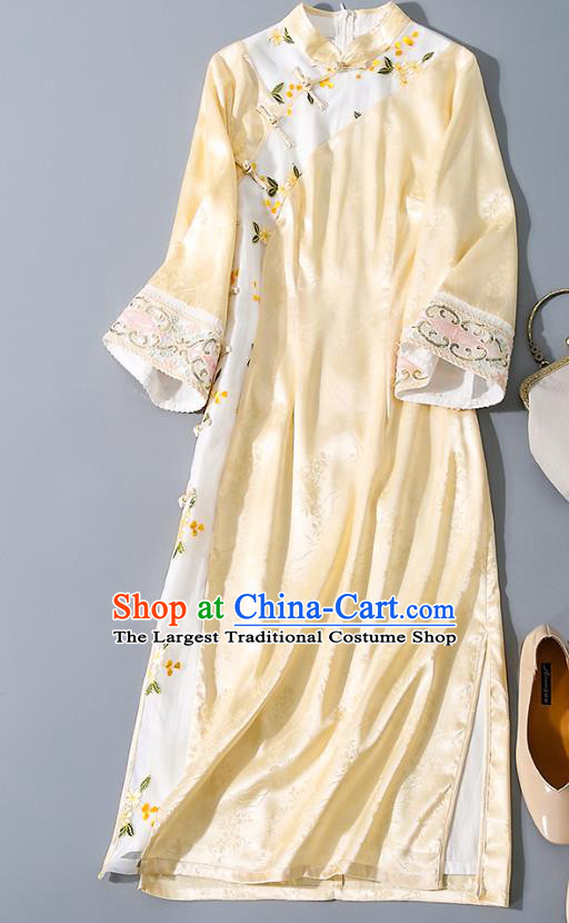 Asian Chinese Traditional Embroidered Qipao Dress National Clothing Classical Yellow Silk Cheongsam