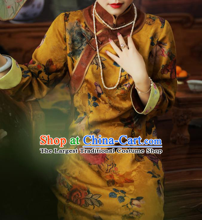 Asian Chinese Classical Peony Pattern Gambiered Guangdong Gauze Cheongsam Traditional Young Beauty Yellow Silk Qipao Dress