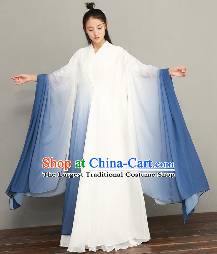 Asian Chinese National Zen Clothing Classical Three Pieces Costumes Traditional Tang Suit Blue Chiffon Dress