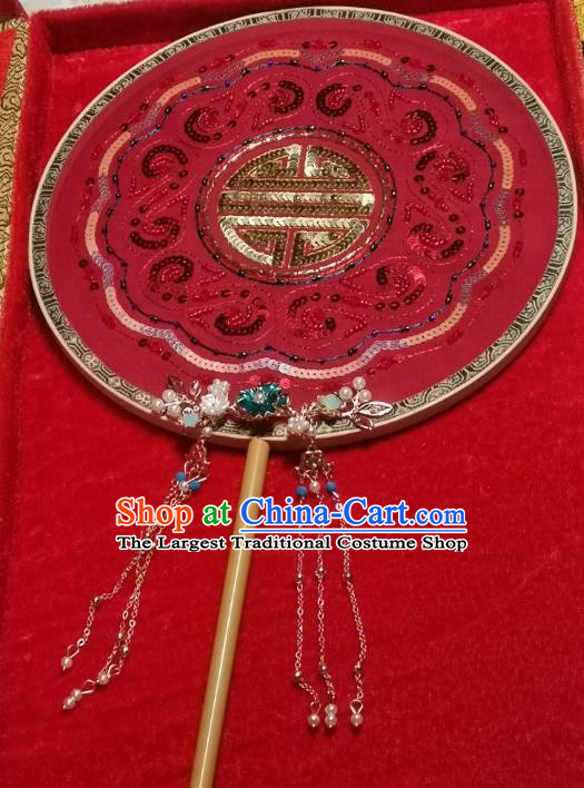 China Traditional Circular Fan Handmade Bride Red Silk Palace Fan Wedding Golden Sequins Fan