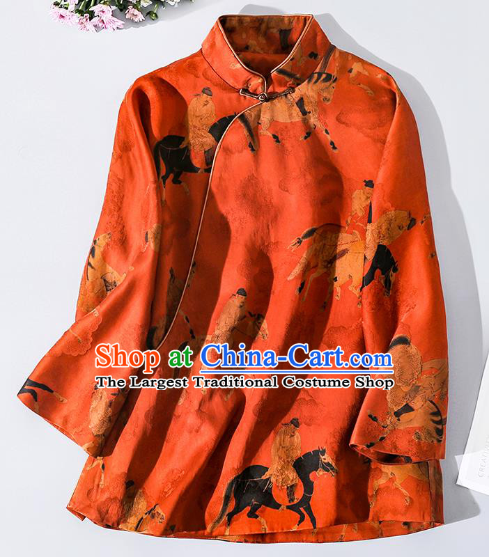 China Classical Song Dynasty Jiju Painting Pattern Red Silk Shirt Traditional Tang Suit Upper Outer Garment