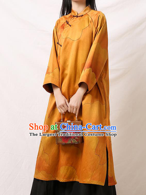 Asian Chinese Traditional Qipao Dress Clothing Classical Peony Pattern Yellow Silk Cheongsam