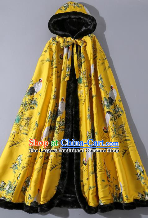 China Classical Winter Costume Traditional Tang Suit Yellow Silk Long Cloak