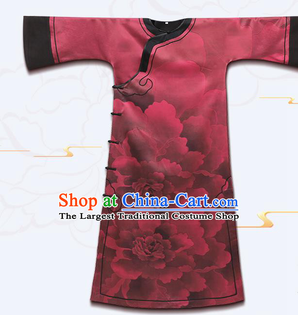 Asian Chinese Classical Peony Design Red Silk Cheongsam Clothing Traditional Qing Dynasty Court Lady Qipao Dress