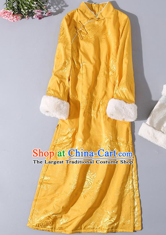 Asian Chinese Classical Winter Golden Cheongsam Traditional Silk Cotton Wadded Qipao Dress Clothing