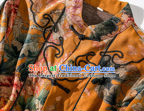 China Classical Outer Garment Costume Traditional Tang Suit Yellow Silk Long Dust Coat
