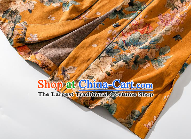 China Classical Outer Garment Costume Traditional Tang Suit Yellow Silk Long Dust Coat