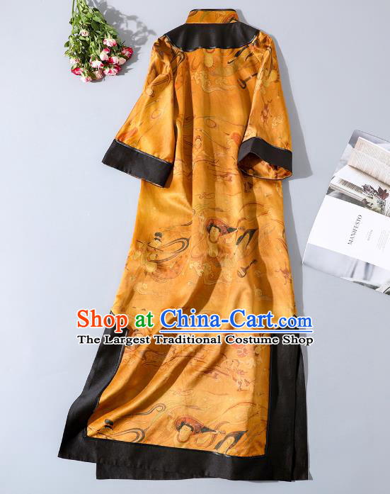 China Classical Flying Fairy Pattern Outer Garment Traditional Tang Suit Golden Silk Long Dust Coat Costume