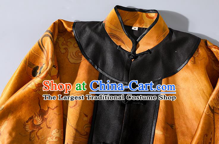 China Classical Flying Fairy Pattern Outer Garment Traditional Tang Suit Golden Silk Long Dust Coat Costume