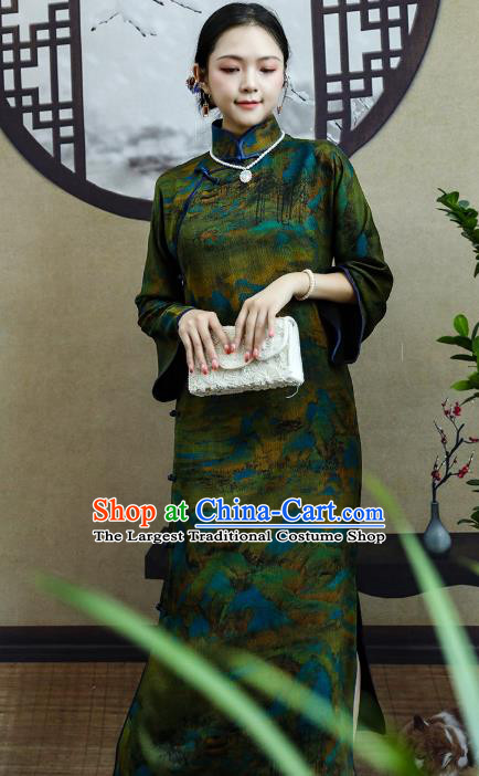 Asian Chinese Classical Stand Collar Cheongsam Clothing Traditional Green Silk Qipao Dress